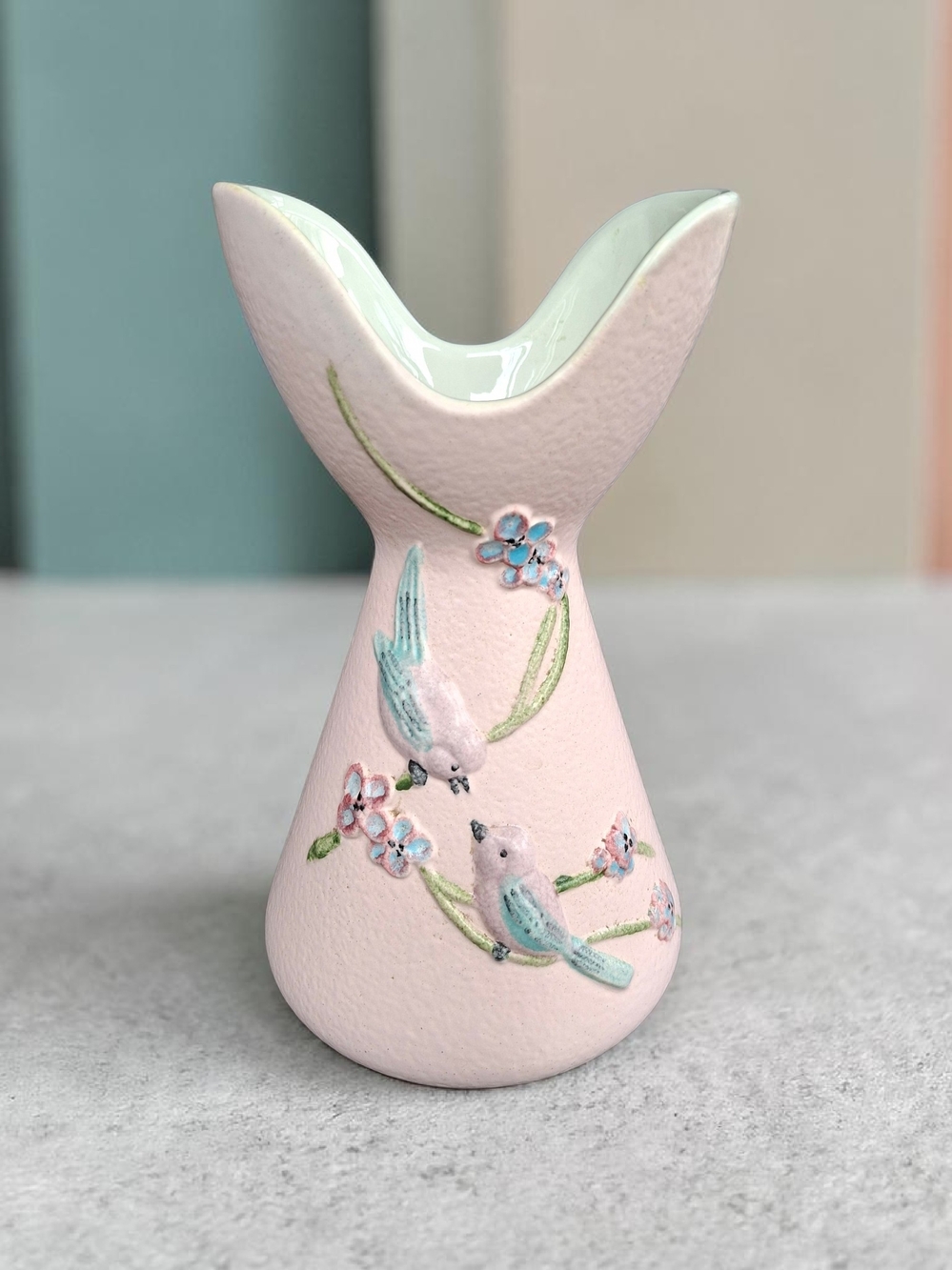 Vintage Hull 57' S6 Potery Pink Ceramic Birds Bud Vase with Hand-Painted Flowers